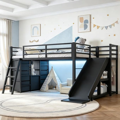 Bellemave Twin Loft Bed with Slide & Ladder, Metal Kids Loft Bed with Storage Drawers & LED Lights, Low Loft Bed Twin Size with Wood Wardrobe & Bookcase, Loft Bed for Kids Teens, Black