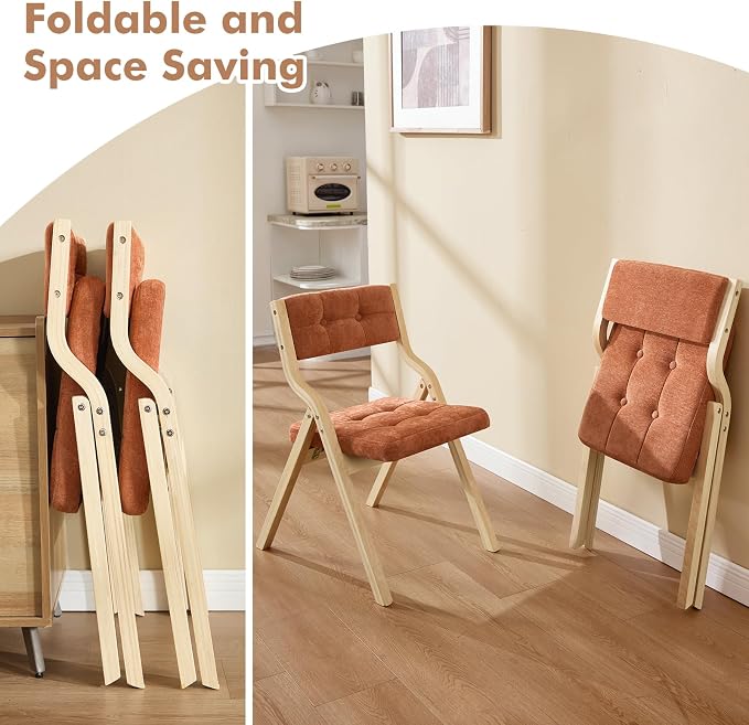 4-Pack Folding Dining Chairs with Cushion,Padded Foldable Dining Chairs,Portable Wooden Folding Chairs with Tufted Buttons Seat for Dining Rooms Kitchen Wedding and Party Indoor Orange