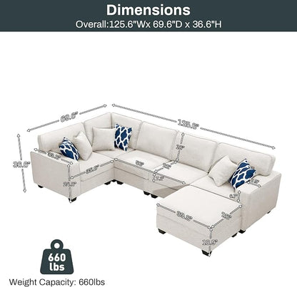 Legend Vansen Oversized Modular Sectional Sofa,U/L‑Shaped Reversible Couch with Ottoman,Deep Seat Plush Polyester Sofa for Living Room,6‑Seater,Cream