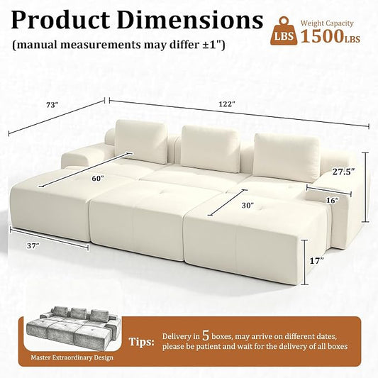 122" Oversized Boneless Couch, Comfort Cloud Sectional Couches for Living Room, Modular Sofa High Back & Extra Deep Seat, No Assembly, Soft Chenille Fabric (Warm White, 122 inch-（3+3）)
