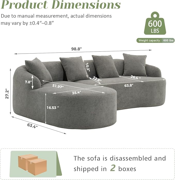 99" Curved Sofa with L-Shape Chaise,Modern Cloud Curved Couch with Deep Seat,No Assembly Required,Upholstered Oversized Couches for Living Room,Apartment (Grey, 99Inch)