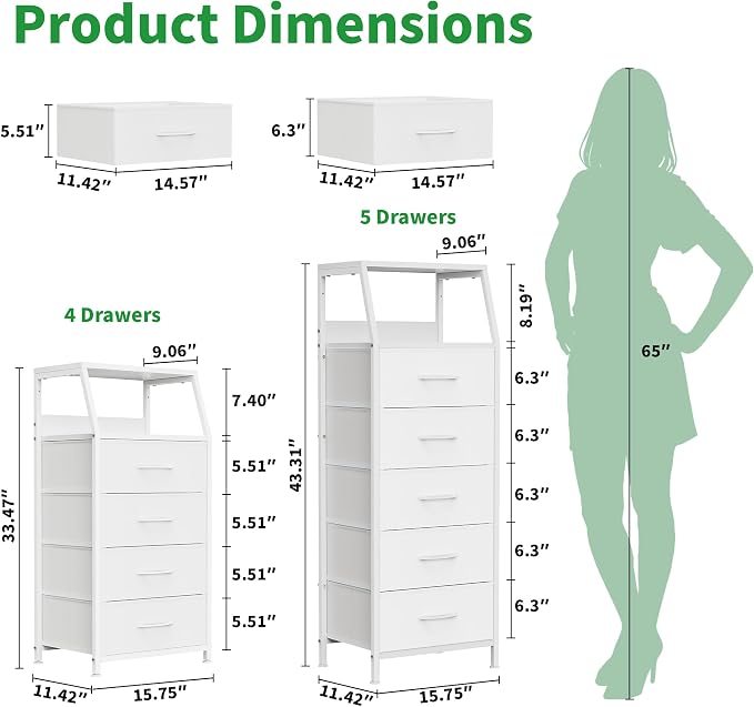 White Dresser for Bedroom, Storage Organizer with 4 Drawers, Vertical Fabric Storage Stand, Nightstand Bedside Table, Sturdy Steel Frame & Wooden Top