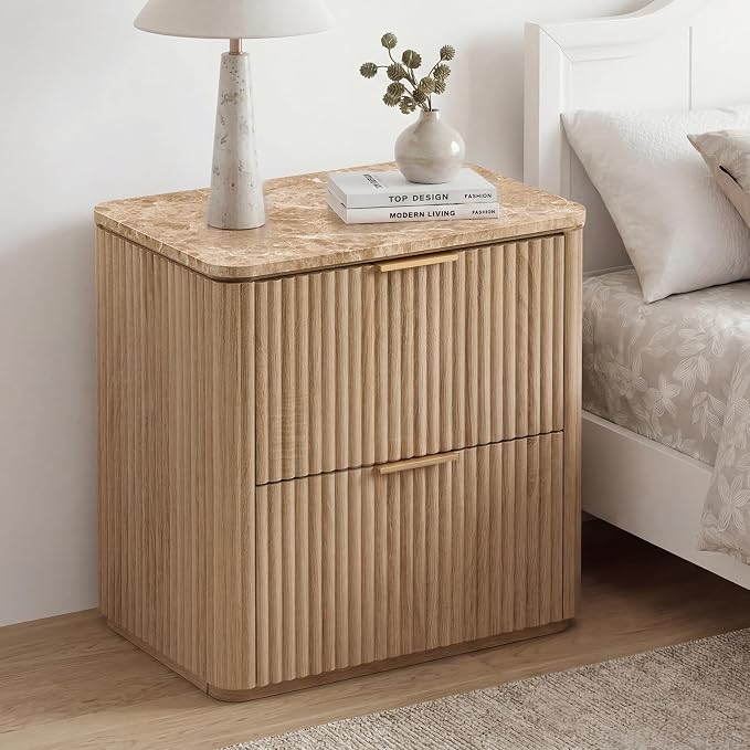 Fluted Nightstand with Faux Marble Top, Modern Bedside Table | FSC-Certified Engineered Wood, 24" H, 2 Drawers, Rounded Corner, Metal Handle, for Bedroom, Natural Oak