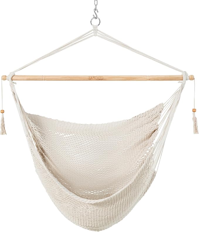 Lazy Daze Hammocks Extra Large Hanging Swing Chair, Caribbean Rope Hammock Chair with 47" Hardwood Spreader Bar and Soft-Spun Cotton Rope for Indoor, Outdoor, Backyard, Max 350 LBS, Natural