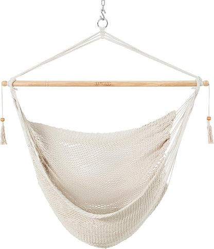 Lazy Daze Hammocks Extra Large Hanging Swing Chair, Caribbean Rope Hammock Chair with 47" Hardwood Spreader Bar and Soft-Spun Cotton Rope for Indoor, Outdoor, Backyard, Max 350 LBS, Natural