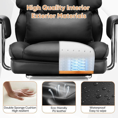 Sweetcrispy Home Office Desk Chair, Executive Ergonomic Big Tall High Back with Footrest & Lumbar Support, Reclining Height Adjustable, Comfy PU Leather Computer Gaming with Swivel Wheels, Black
