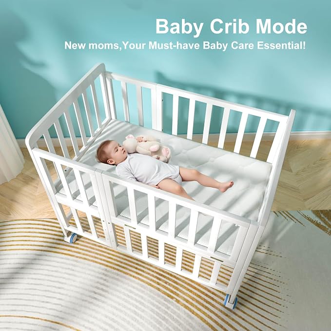 Flwrgirl Mini Baby Crib with Mattress,Portable Bedside Sleeper & Bassinet,5 Adjustable Heights,Wood Nursery Crib with Locking Wheels,Compact Baby Bed for Newborns & Infants,White