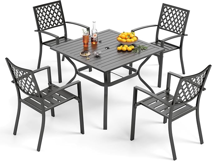 PHI VILLA 5 Pieces Outdoor Dining Set for 4, 37” Black Square Metal Table with Umbrella Hole & Stackable Wrought Iron Chairs, Outdoor Table and Chairs for Patio, Deck, Yard, Porch