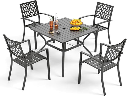 PHI VILLA 5 Pieces Outdoor Dining Set for 4, 37” Black Square Metal Table with Umbrella Hole & Stackable Wrought Iron Chairs, Outdoor Table and Chairs for Patio, Deck, Yard, Porch