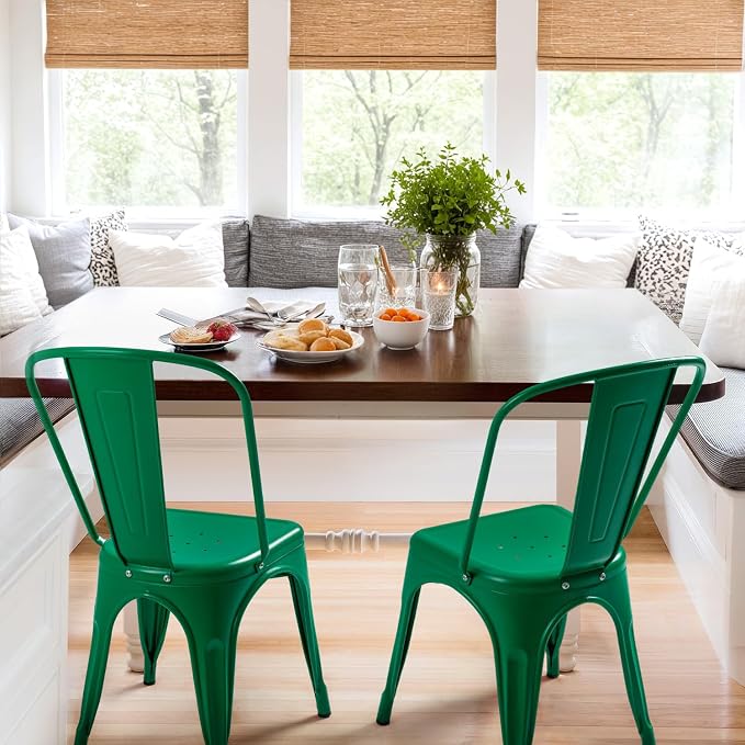 Furmax Metal Dining Chair Indoor Outdoor Use Stackable Classic Trattoria Chair Chic Dining Bistro Cafe Side Metal Chairs Set of 4 (Green)