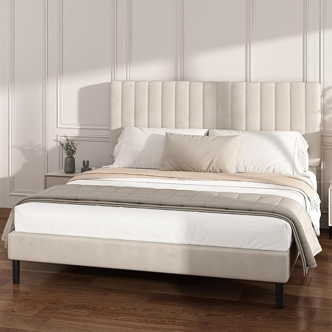 Full Size Platform Bed Frame with Vertical Channel Tufted Headboard, No Box Spring Needed, Noise-Free, Easy Assembly, Beige Velvet