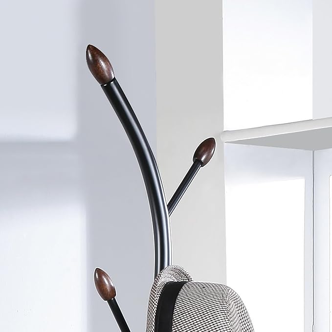 Roundhill Furniture Arles Metal Black and Walnut Standing Coat Rack