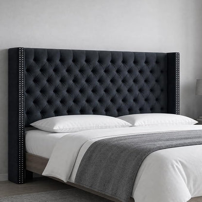 Madison Park Queen Wingback Upholstered Tufted Headboard, Featuring High-Density Sponge Padding, Adjustable Height Headboard, Easy Assembly, Black Velvet