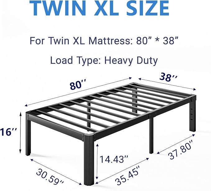 16 Inch High Platform Twin XL Bed Frames No Box Spring Needed, Metal Twin XL Bed Frame, Noise Free, Easy Assembly, Heavy Duty, Black