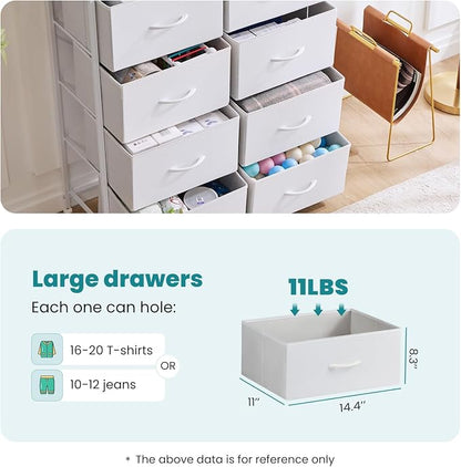 OLIXIS Dresser for Bedroom, 8 Storage Drawers, Tall Large Fabric Storage Tower Organizer, Chest of Drawers with Metal Frame Wooden Top for Nursery, Closet, Living Room, Entryway, White