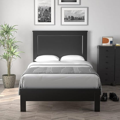 Giantex Wood Twin Bed Frames with Headboard, Mid Century Platform Bed Frame with Solid Wood Legs & Wooden Slat Support, Twin Bed Frames for Kids Adults, Black Bed