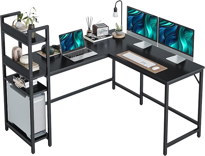 CubiCubi L Shaped Desk, 51.1 Inch Computer Corner Desk with Hutch, Storage Shelves, Writing Gaming Study Desk with Bookshelf, Black