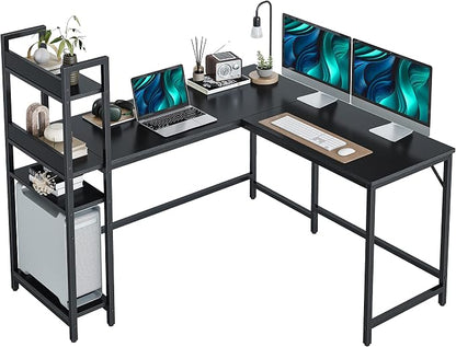 CubiCubi L Shaped Desk, 51.1 Inch Computer Corner Desk with Hutch, Storage Shelves, Writing Gaming Study Desk with Bookshelf, Black