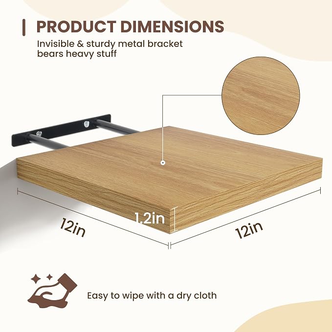 Fun Memories Square Floating Shelves for Wall - 12 Inch Deep Floating Shelves with Invisible Brackets, Oak Small Wall Shelf for Living Room, Bathroom, Bedroom, and Kitchen Decor Set of 4