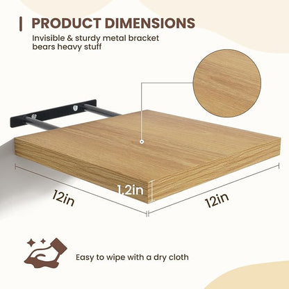 Fun Memories Square Floating Shelves for Wall - 12 Inch Deep Floating Shelves with Invisible Brackets, Oak Small Wall Shelf for Living Room, Bathroom, Bedroom, and Kitchen Decor Set of 4
