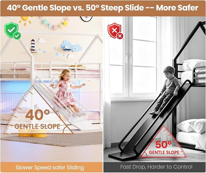 Twin Over Twin Bunk Bed with Slide 40° Gentle-Slope & LED Light, House-Shaped Low Bunk Bed Twin Size with 13.4" Extra-Tall Guardrail & Ladder, Heavy Duty, No Box Spring Needed, Easy Assembly, White