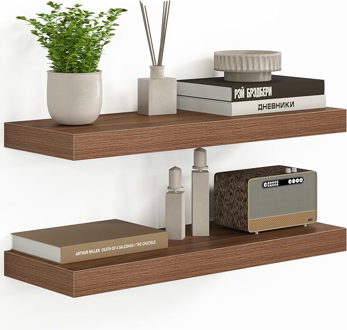 Fun Memories 24 Inch Floating Shelves - Deep Rustic Wooden Wall Shelves - Extra Deeper & Thicker Wall Mounted Storage Shelf for Bedroom, Kitchen, Farmhouse - 2 Pack, Walnut