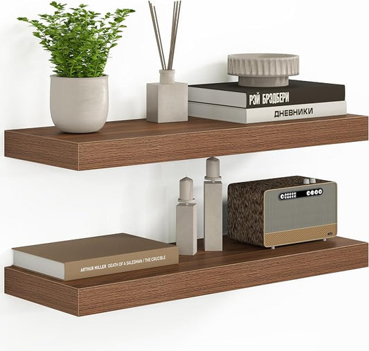 Fun Memories 24 Inch Floating Shelves - Deep Rustic Wooden Wall Shelves - Extra Deeper & Thicker Wall Mounted Storage Shelf for Bedroom, Kitchen, Farmhouse - 2 Pack, Walnut