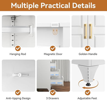 Polup Metal Armoire Wardrobe Closet with Three Drawers, 71“ Tall Large Wardrobe Cabinet with Hanging Rod, Freestanding Wardrobe Cabinet with Doors for Bedroom, White, Assemble Required