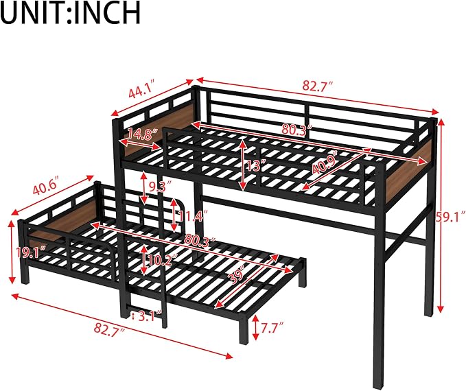 Twin XL Over Twin XL Metal Bunk Bed, Heavy Duty Convertible Bunk Bed Frame with Headboard & Full Guardrails, Can Be Split into Two Platform Beds or Loft Bed,Walnut