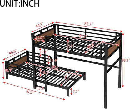 Twin XL Over Twin XL Metal Bunk Bed, Heavy Duty Convertible Bunk Bed Frame with Headboard & Full Guardrails, Can Be Split into Two Platform Beds or Loft Bed,Walnut