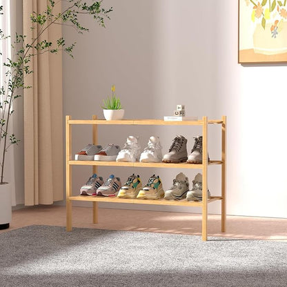 Shoe Rack Multi Tier Storage Organizer Wide Metal Shoe Shelf for Closet Entryway, Bamboo Stackable Multi-Layer Shelf Doorway Simple Folding Shoe Rack