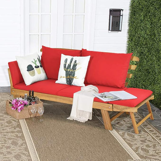 Tangkula Convertible Acacia Wood Patio Couch Sofa Bed with Adjustable Armrest, Outdoor Daybed with Cushion & Pillows, Outside Folding Futon Sofa Couch Bench for Porch, Courtyard, Poolside & Garden