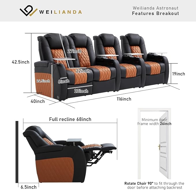 Weilianda Home Theater Seating Top Grain Leather Zero Gravity Recliner Chair Power Headrest Recline Movie Seat Gaming 7 Colors Mood Light Sofa with Tray Table Row of 4 Loveseat Left Black Camel