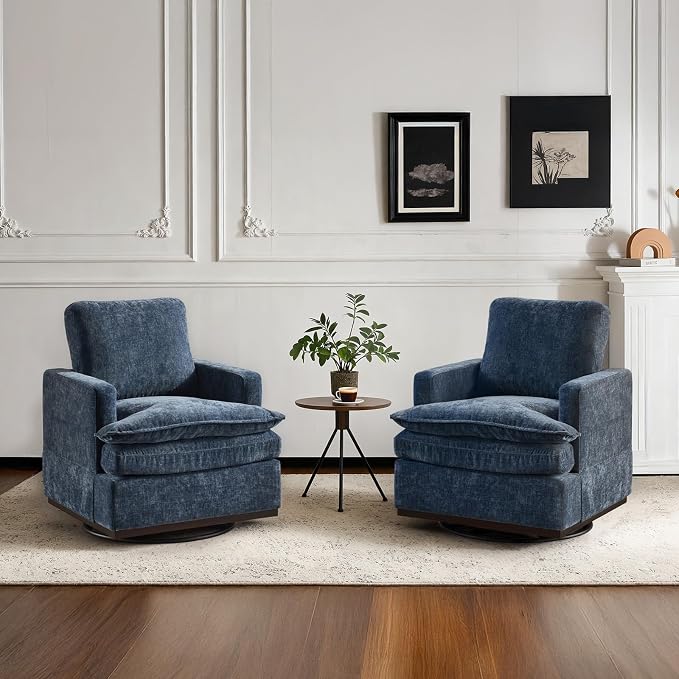 VINGLI 360°Swivel Mid-Century Modern Accent Armchairs Set of 2 with Double-Layer Seat Cushions, Comfy Single Square Sofa, Upholstered Club Chairs for Living Room,Bedroom, Reading Room, Chenille Blue