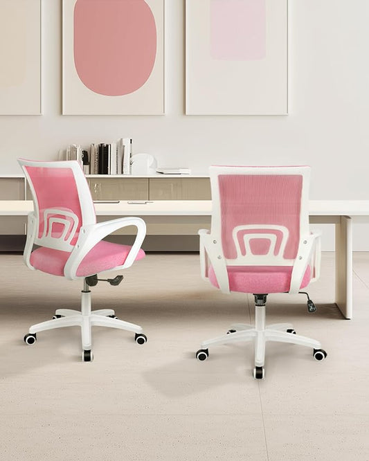 NEO CHAIR Office Desk Computer Chair Ergonomic Mesh Gaming Cushion Seat with Comfy Lumbar Mid Back Support Adjustable Height Swivel Rolling Wheels for Home Task (Pink)
