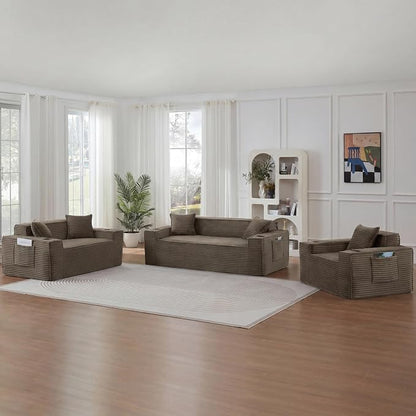 Boneless Sectional Sofa 3 Piece Set with Cup Holders & Side Pockets, Luxury Corduroy Fabric Deep Seat Cloud Couch Living Room, Office, No Assembly (Brown)