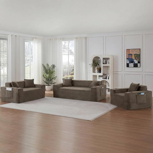 Boneless Sectional Sofa 3 Piece Set with Cup Holders & Side Pockets, Luxury Corduroy Fabric Deep Seat Cloud Couch Living Room, Office, No Assembly (Brown)