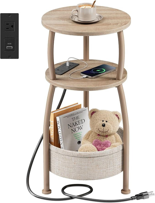 Side Table with Charging Station, Small Round End Table with Basket, USB and Type C Port, 3 Tiers Sofa Couch Table Bedside Table for Living Room Bedroom, Small Spaces, 11.81in Light Oak