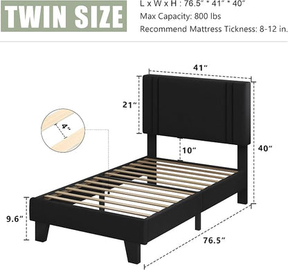Feonase Twin Platform Bed Frame, Velvet Upholstered Twin Bed Frame, Solid Wood Slats & Heavy Duty Feet Support, No Box Spring Needed, Noise-Free, Easy Assembly, Black