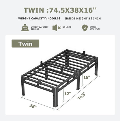 NKZ Twin Size Bed Frame 16 Inch, Metal Bed Frame & Box Spring 2 in 1 Platform with Round Corner Legs, 4000lbs Weight Capacity Reinforced Metal Frame, Headboard Hole, Noise-Free, Easy Assembly