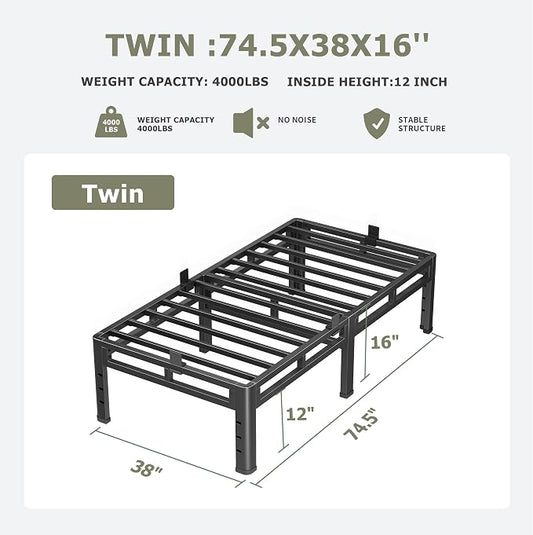 NKZ Twin Size Bed Frame 16 Inch, Metal Bed Frame & Box Spring 2 in 1 Platform with Round Corner Legs, 4000lbs Weight Capacity Reinforced Metal Frame, Headboard Hole, Noise-Free, Easy Assembly