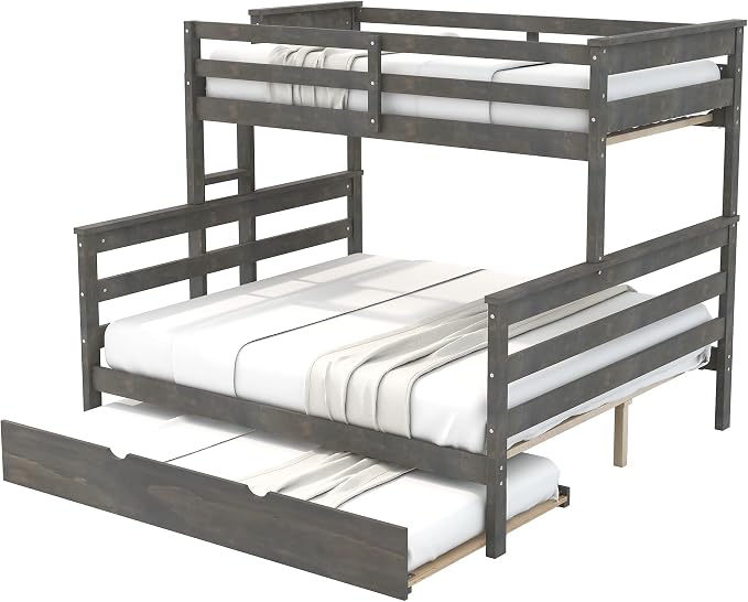 Wood Bunk Bed Twin XL Over Queen Size with Trundle, Detachable Design Bunk Bed Frame with Safety Guardrail, Ladder and Sturdy Slats Support (Grey+Trundle)