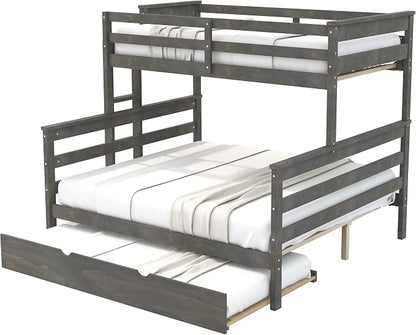 Wood Bunk Bed Twin XL Over Queen Size with Trundle, Detachable Design Bunk Bed Frame with Safety Guardrail, Ladder and Sturdy Slats Support (Grey+Trundle)