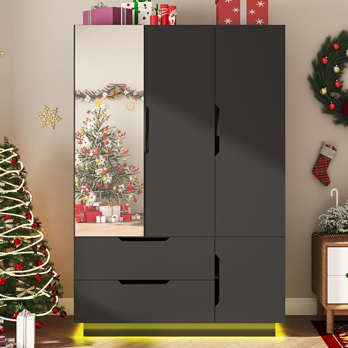 Hlivelood 3 Doors Armoire Wardrobe Closet with Mirror,2 Large Drawers, LED Light Wood Wardrobe Closet, Armoire with Hanging Rod for Bedroom, Black