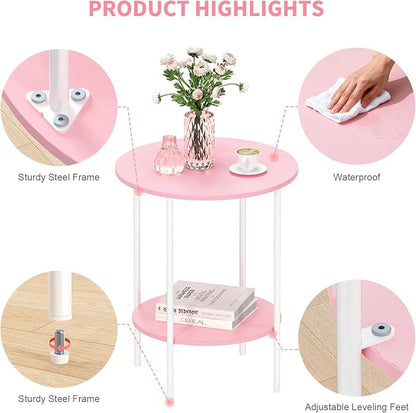 Side Table,Round End Table with 2 Storage Shelves| Compact Side Tables for Living Room, Couch, Gym, Office & Bedroom | Narrow Accent Table as Space-Saving Small Bedside Table 18x18x22in(Pink)