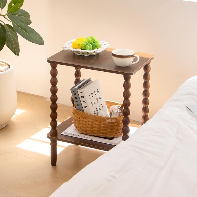 Fultyle Small Side Table, Walnut End Table with 2-Tier Shelf, Vintage Nightstand Coffee Table for Bedroom, Living Room, Small Spaces (Walnut Brown)