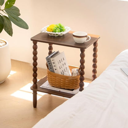 Fultyle Small Side Table, Walnut End Table with 2-Tier Shelf, Vintage Nightstand Coffee Table for Bedroom, Living Room, Small Spaces (Walnut Brown)