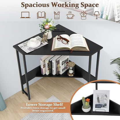 Corner Desk with Charging Station & USB Port, 90-Degree Triangle Computer Workstation w/Storage Shelf, Metal Frame, Space-Saving Laptop PC Desk for Small Space, Home Office (Black)