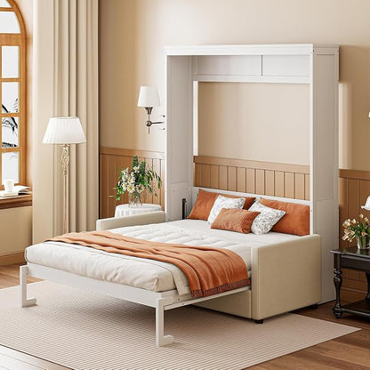 MERITLINE Full Murphy Bed with Couch,Wood Murphy Bed Cabinet with Sofa,Fold up Bed White Murphy Wall Bed Full Size