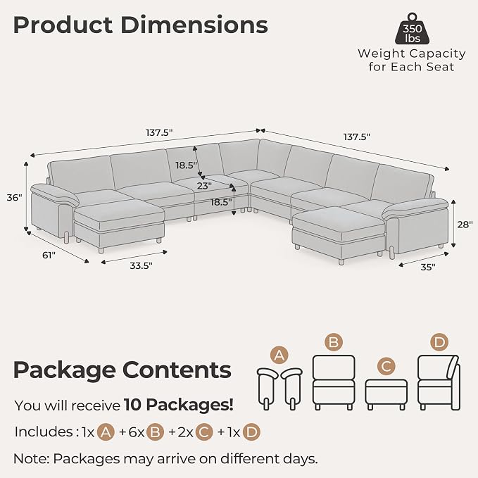 SITJOY Large Cloud Couch, 138" Wide 7 Seater V Shape, Chenille in Navy Blue | Detachable and Washable Chenille Cover Sectional Sofas for Living Room, Deep Seat Wide Couch with Chaise, Storage Ottoman